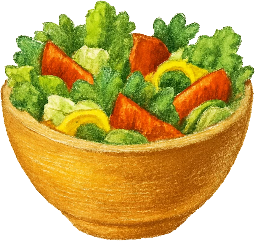 Illustration einer braunen Salatschüssel, gefüllt mit grünem Salat und Tomaten.