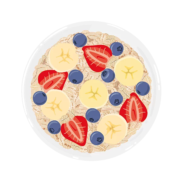 Illustration Müslischüssel Illustration einer Müslischüssel, gefüllt mit verschiedenem Obst wie Erdbeeren, Bananen und Heidelbeeren.