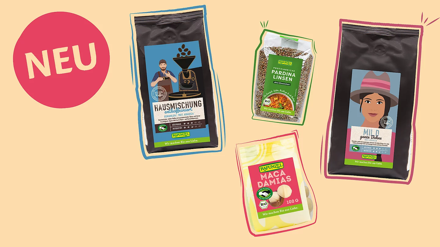 Rapunzel Neuprodukte Juli 2026 Verschiedene Rapunzel Packshots nebeneinander. Darunter Kaffee Hausmischung entkoffeiniert, Pardina Linsen, Macadamias und Kaffee Mild.